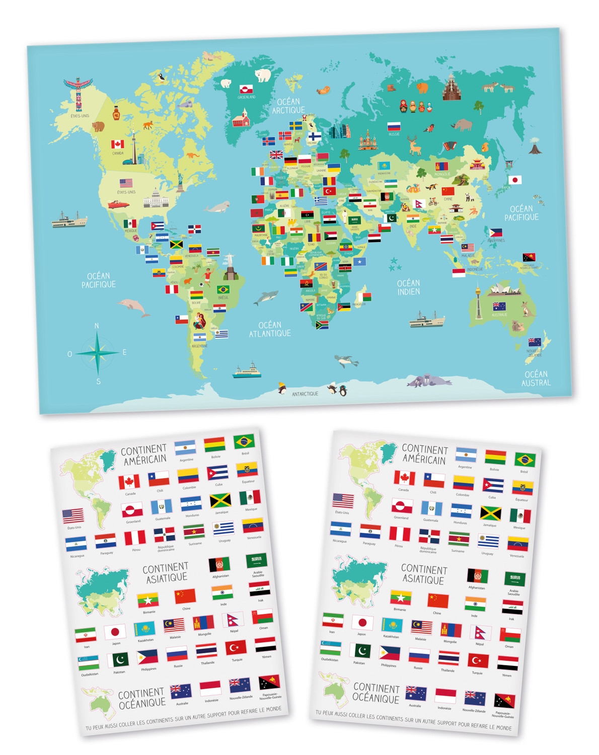 Carte du monde pour enfant avec stickers drapeaux 66 x 44 cm - Ref 6560